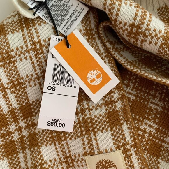 Timberland Scarf Tan Cream Acrylic Plaid One Size Winter Logo 67” NWT - Picture 4 of 4